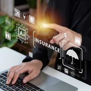 Person pointing at screen with text “AI Insurance”